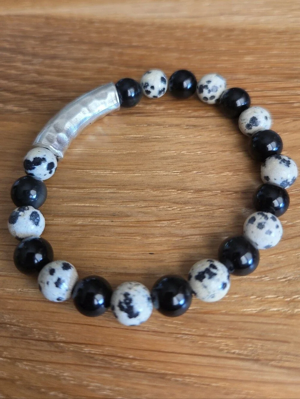 Dalmatian Jasper and Rainbow Obsidian Beaded Stretch Bracelet | Handmade